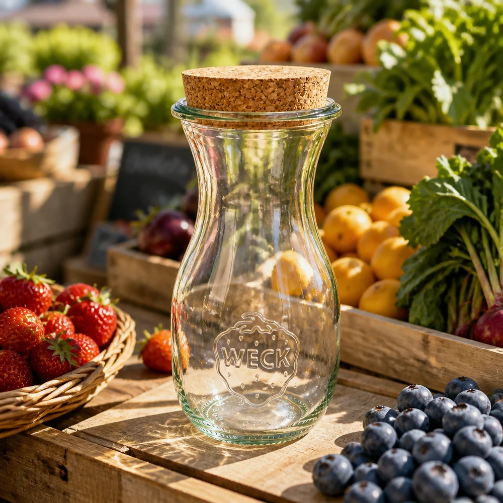 290ml Saftflasche WECK RR60 mit Korken natur WECK Saftflasche 290ml RR60 mit Naturkorken auf Holztisch zwischen frischen Heidelbeeren und Erdbeeren Marktstand