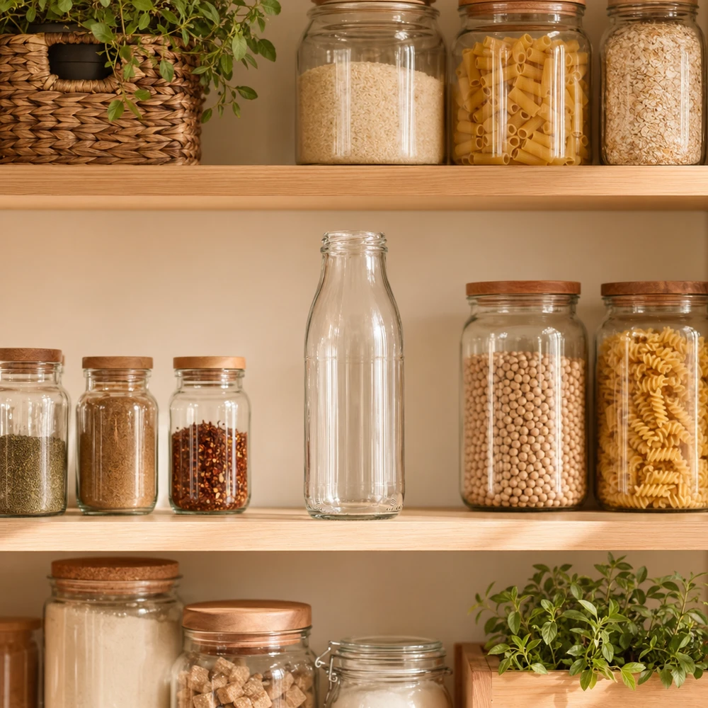 500ml Glasflasche TO48 UNiTWIST in moderner Vorratsküche zwischen Gewürzgläsern und Pasta-Behältern auf Holzregalen