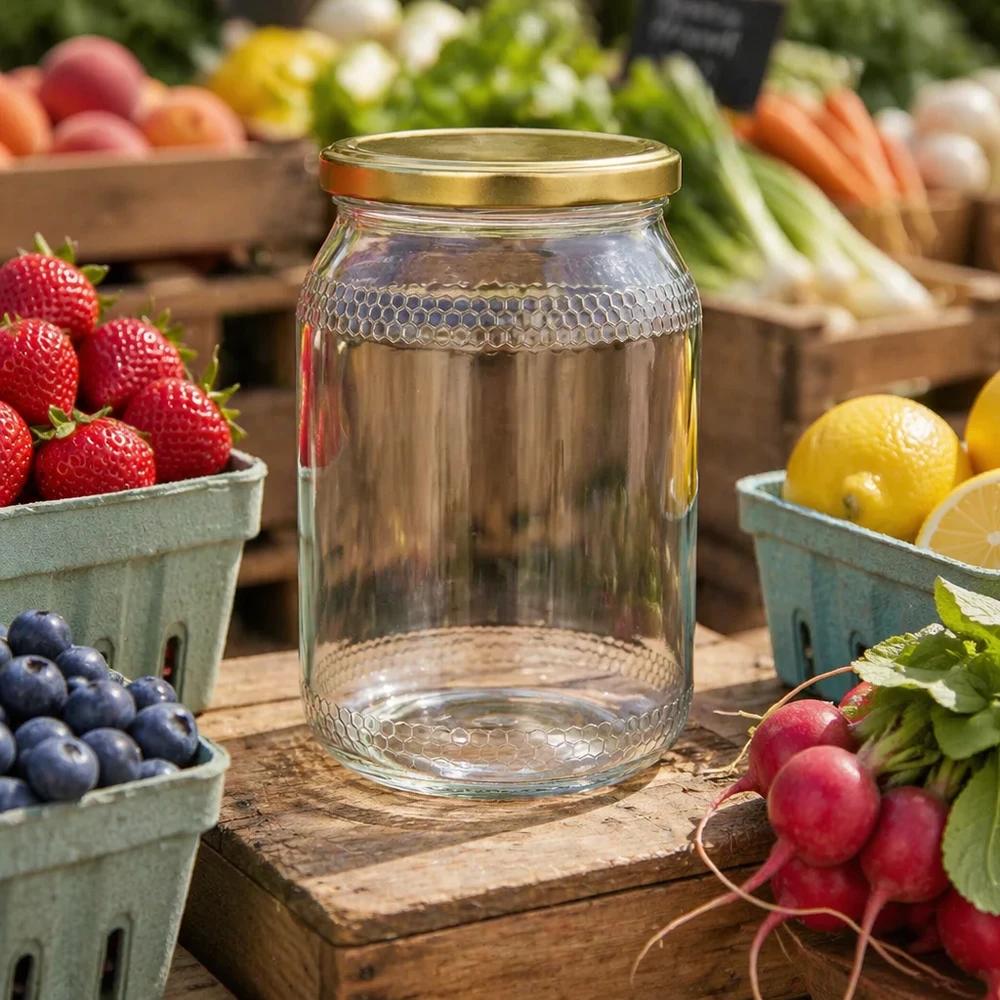 900ml Honigglas leer mit BasicSeal Deckel gold zwischen frischem Obst und Gemüse - vielseitiges Vorratsglas