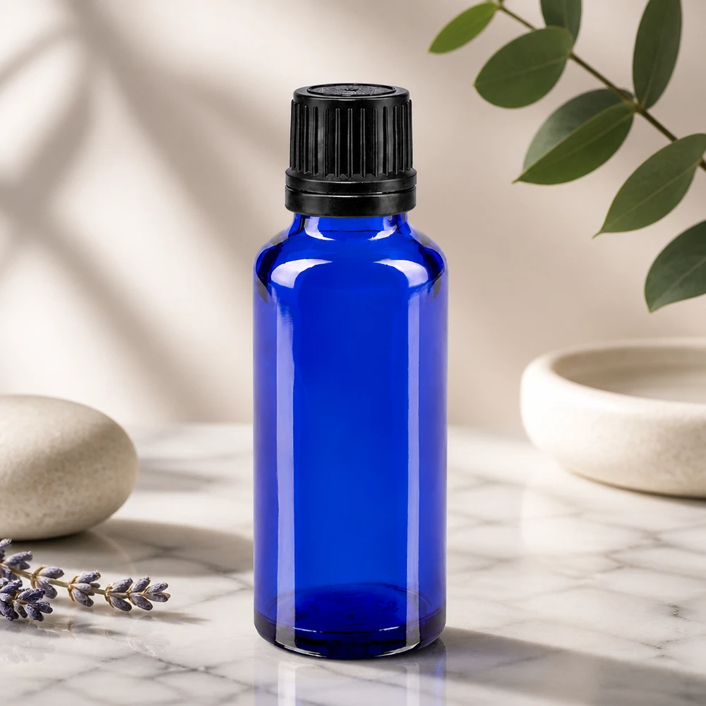 Apothekenflasche blau 30ml Schraubverschluss schwarz Giessring Originalitätsverschluss Blaue Medizinflasche 30ml mit tamperevidentem Verschluss für Pharmazie und Naturheilkunde
