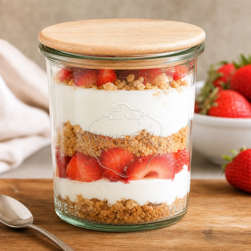160ml Sturzglas WECK RR60 mit Holzdeckel WECK Glas 160ml RR60 mit Bambusdeckel gefüllt mit Erdbeer-Dessert Schichtdessert im Einmachglas Küchentisch