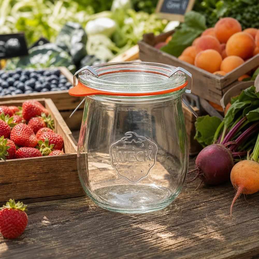 220ml Tulpenglas komplett WECK RR60 WECK Tulpenglas 220ml RR60 leer auf Holztisch umgeben von frischem Obst und Gemüse vom Markt Einmachglas Set