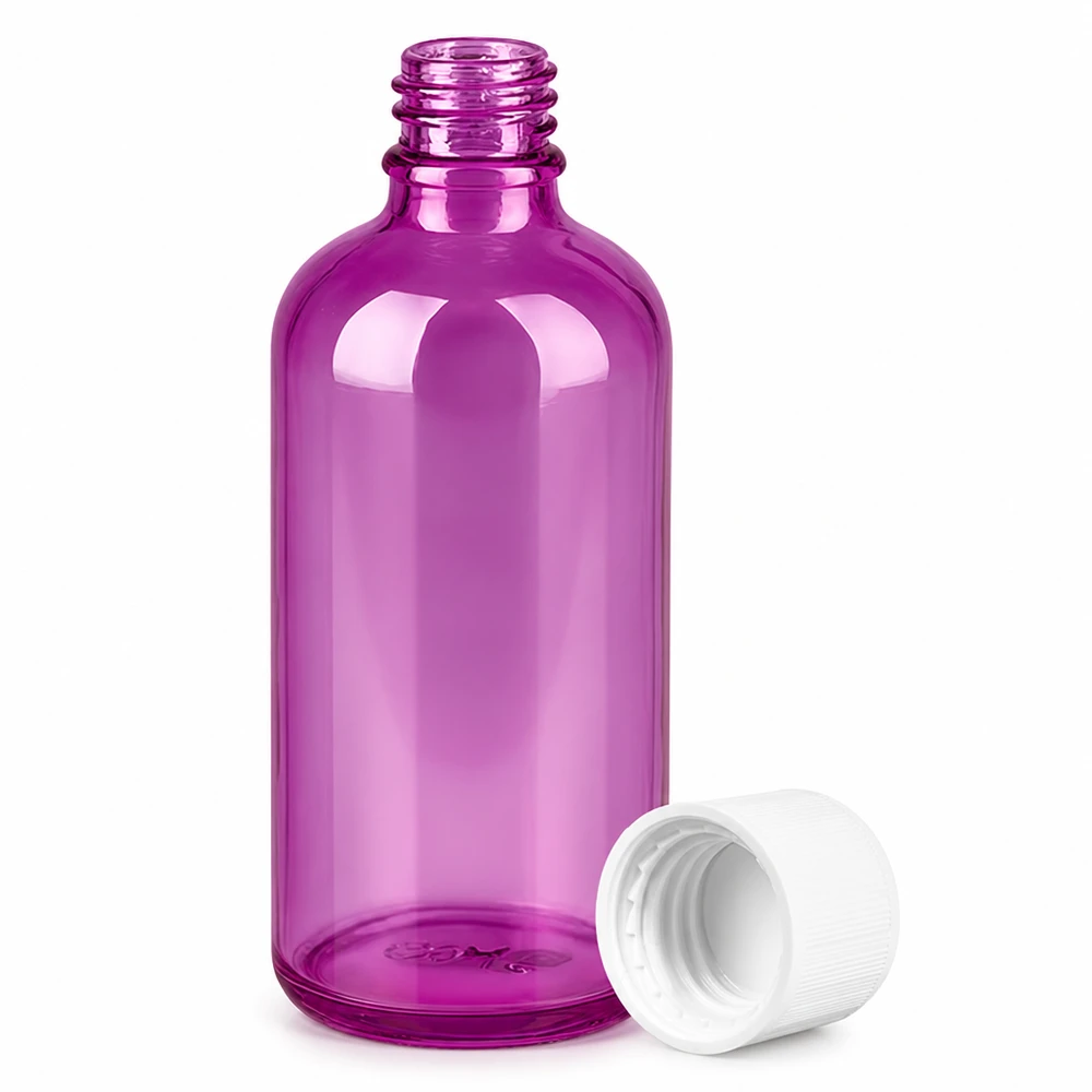 Kompakte 100ml Behälter in lila transparent mit kindersicherem Verschluss für sichere Aufbewahrung