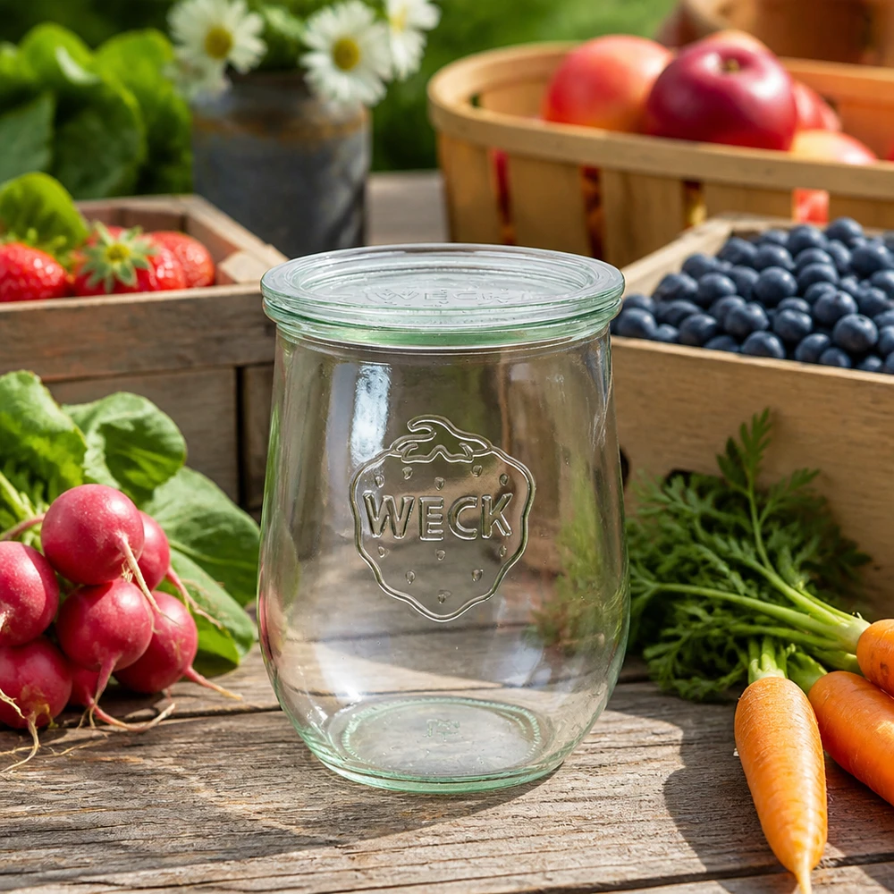 WECK Tulpenglas 1062ml Glasdeckel RR100 Einkochen frisches Obst Gemüse Radieschen Karotten Blaubeeren Holztisch