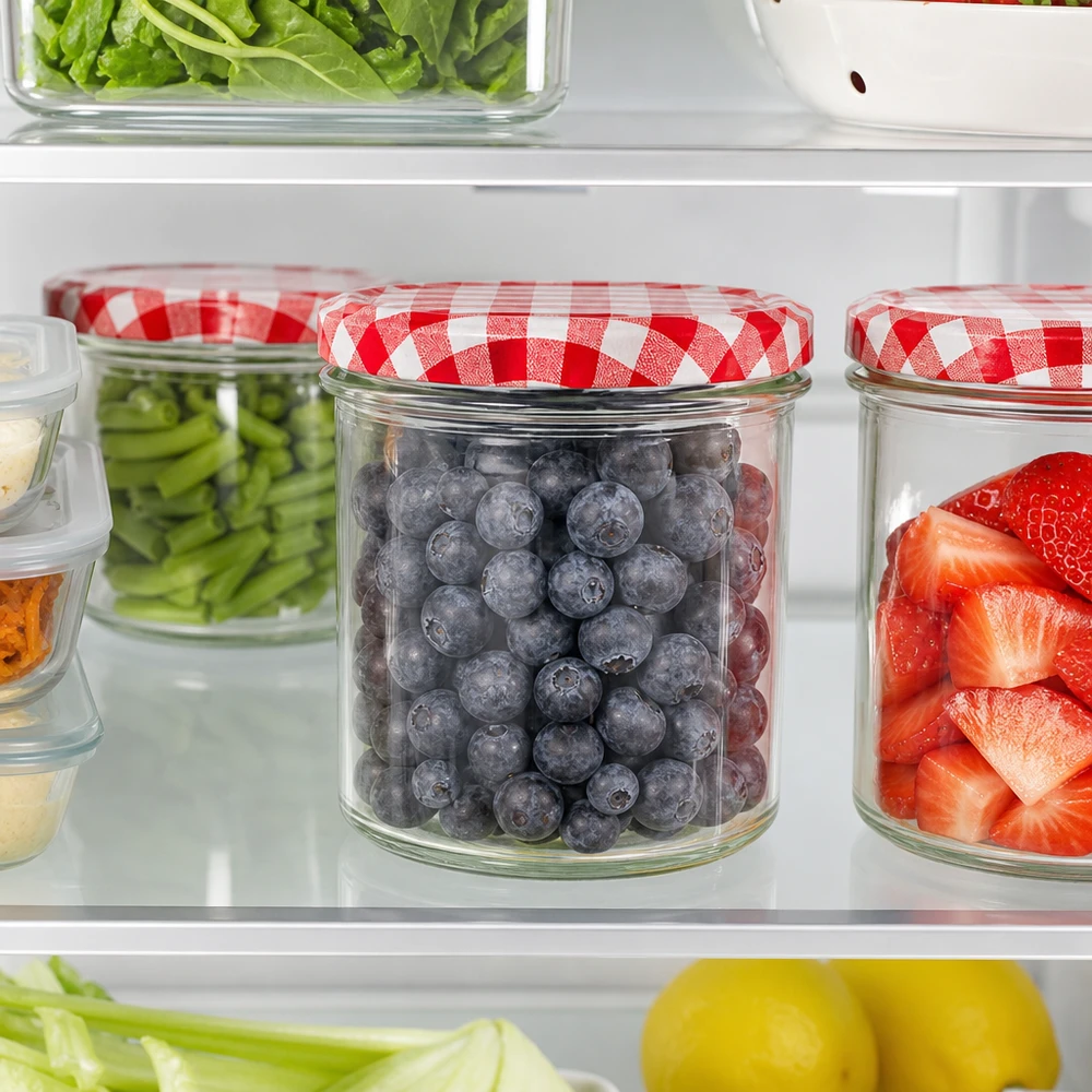 350ml Sturzglas im Kühlschrank mit Blaubeeren gefüllt, rot-weiß karierter Deckel, Lebensmittelaufbewahrung