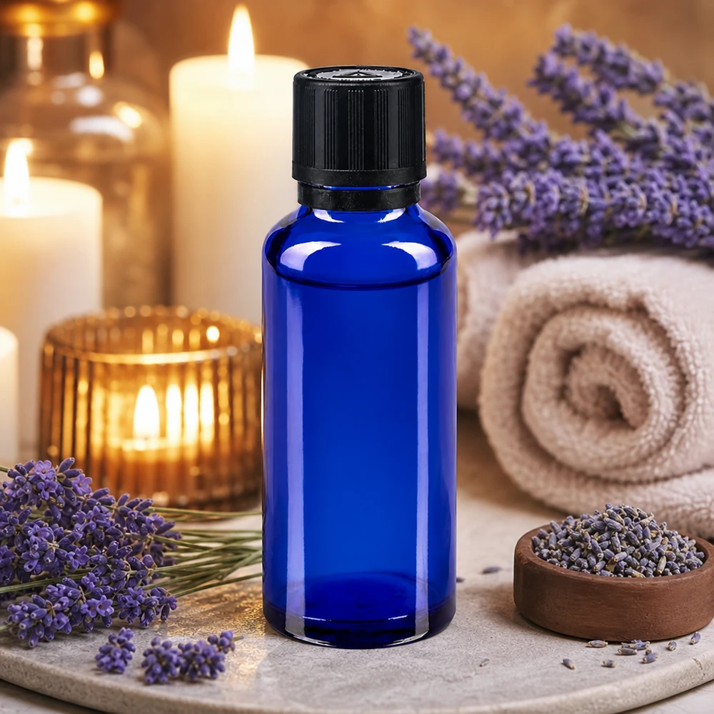 Apothekenflasche blau 30ml Tropfer Giessring 1mm schwarz Kindersicherung Blindenwarnsymbol Originalitätsverschluss Kleine blaue Glasflasche 30ml mit Kindersicherungskappe für Aromatherapie Anwendungen