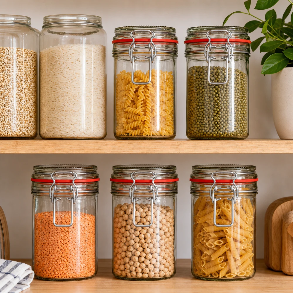 272ml Vorratsglas Typ G mit Bügelverschluss UN.. Vorratsgläser mit Bügelverschluss gefüllt mit Nudeln Reis und Hülsenfrüchten in moderner Küchenorganisation