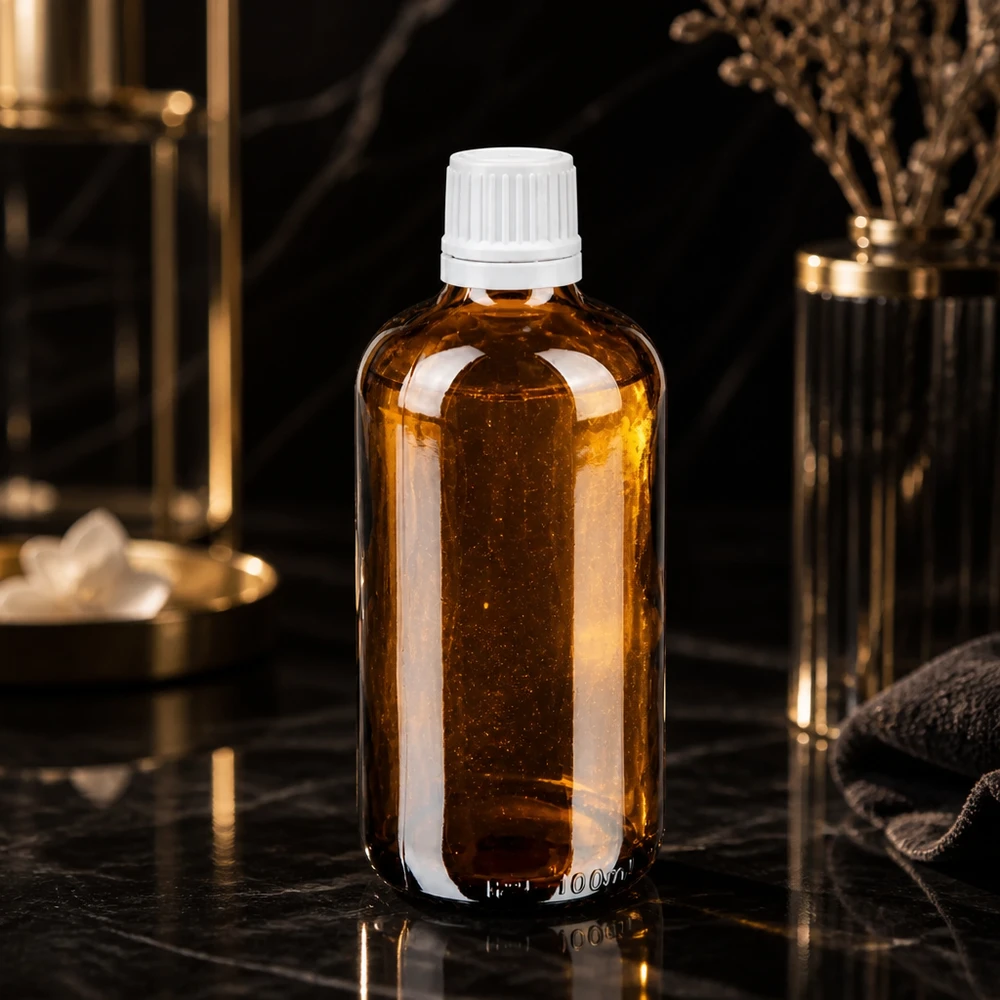 Zylindrische braune Medizinflasche 100ml mit weißem Tropfer auf glänzender Marmoroberfläche