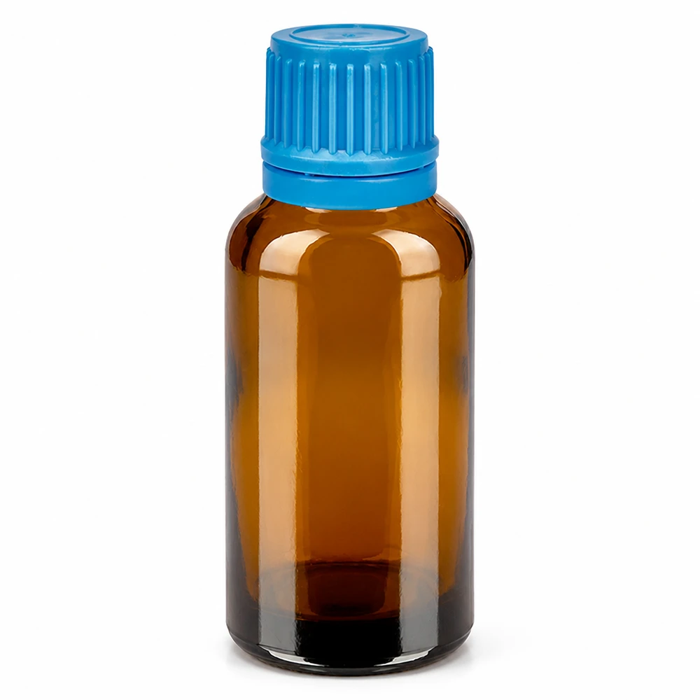 30ml Medizinflasche aus lichtschützendem Braunglas mit sicherem blauen Verschluss