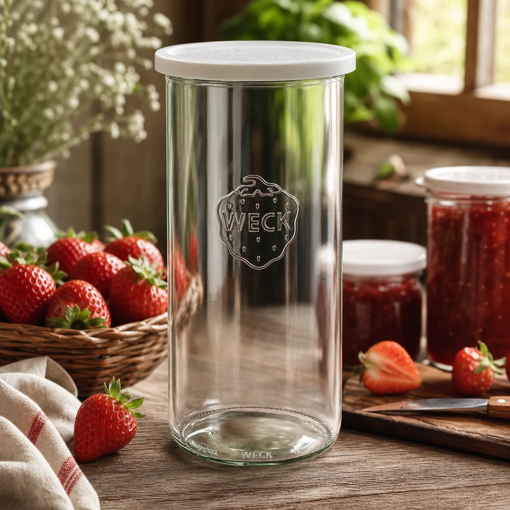 1500ml Sturzglas mit Frischedeckel WECK RR100 WECK Vorratsglas 1500ml RR100 in rustikaler Küche mit Erdbeeren und Marmeladengläsern als Lifestyle-Aufnahme