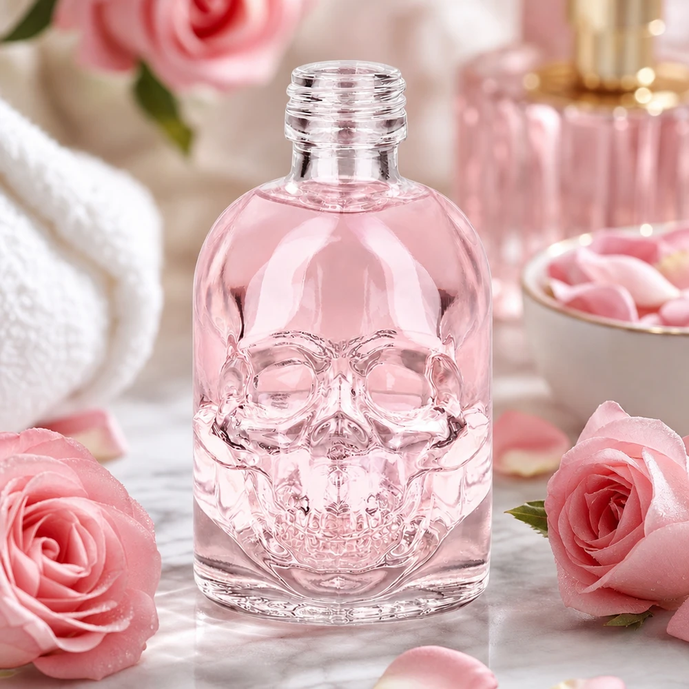 50ml Totenkopf Glasflasche Hector rosa gefärbt feminine Dekoration mit Rosen parfümierte Kosmetik UNiTWIST Design