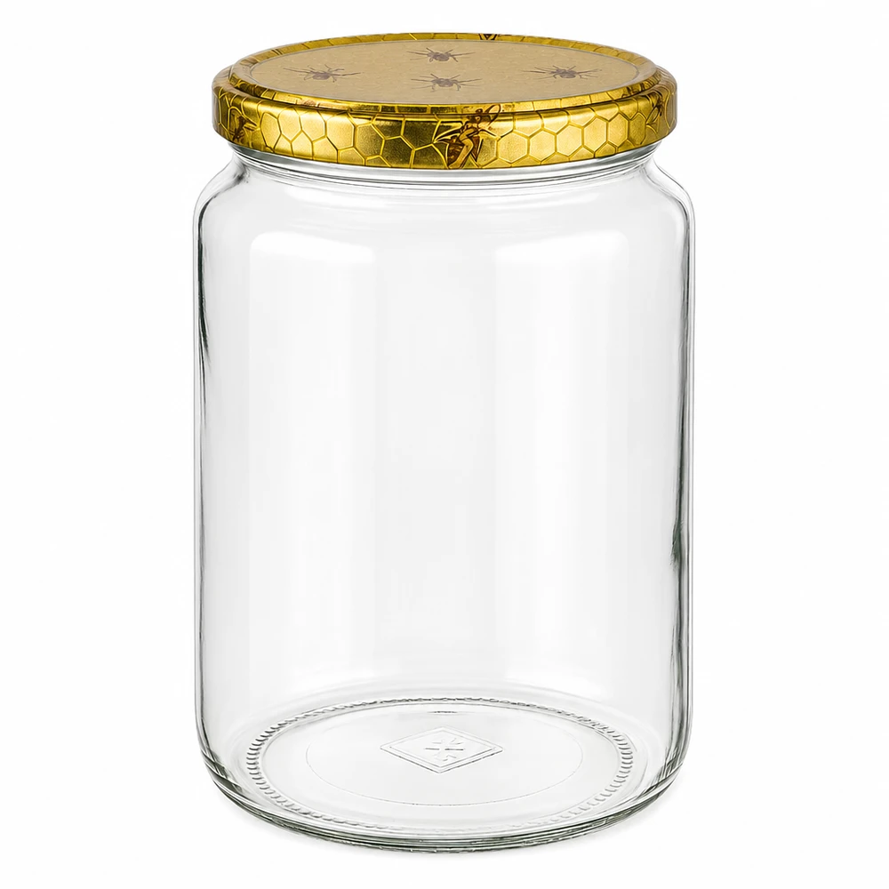 Leeres 1000g Honigglas aus Glas mit goldenem Bienenwaben-Deckel und Bienen-Motiv für Honig Imkerei Vorratsglas