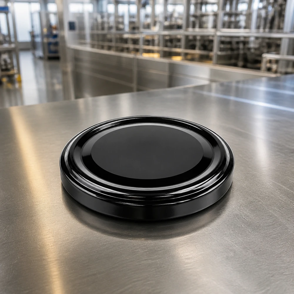 Hochwertiger TO63 Einmachdeckel UNiTWIST schwarz BioSeal unitemp auf Edelstahltisch Fabrikumgebung