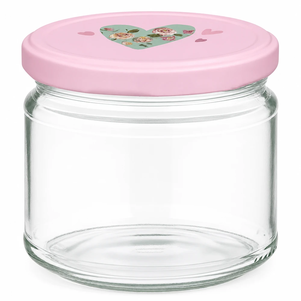 330ml Rundglas mit rosa BasicSeal Deckel und Herz-Motiv, leeres Einmachglas für Marmelade und Konserven