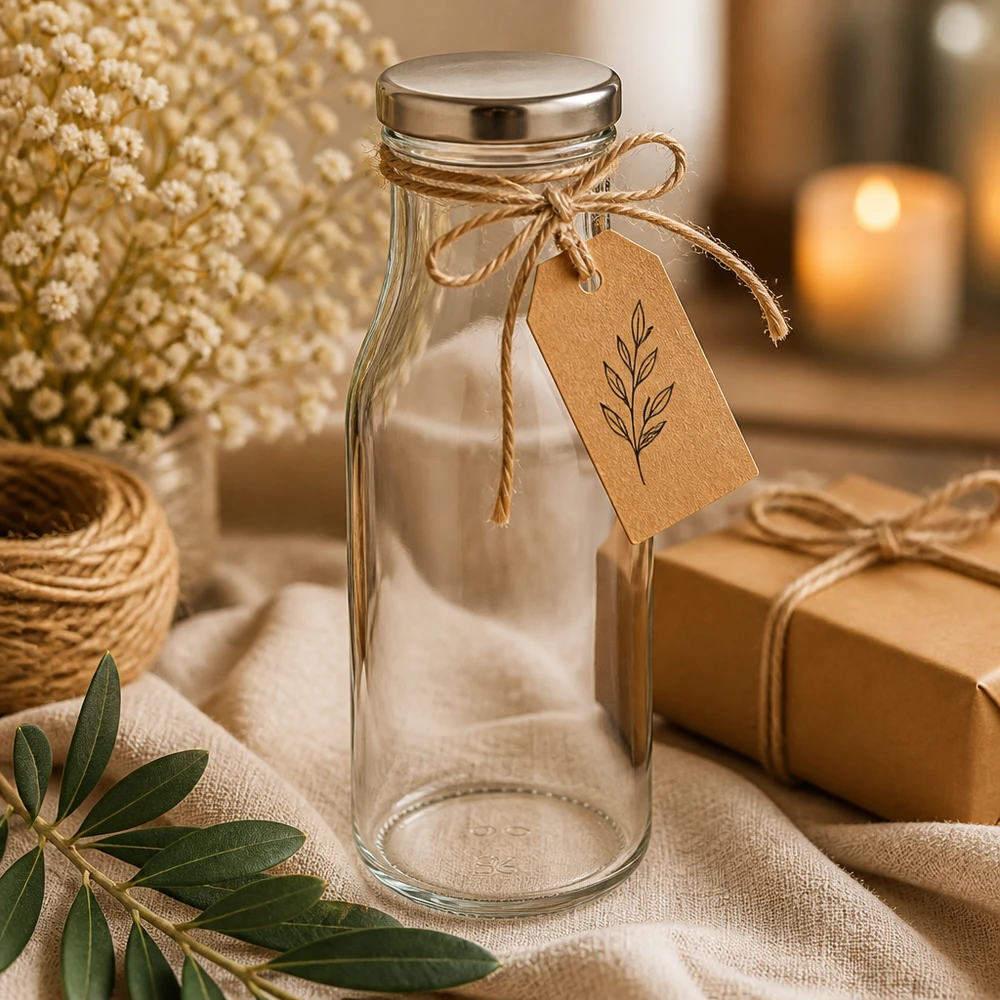 150ml Flasche 24er-Set mit Deckel (Deckelfarbe: silber) – UNiTWIST Zylindrische 150ml Glasflasche UNiTWIST Silberdeckel mit Naturgarn dekoriert neben Kerze