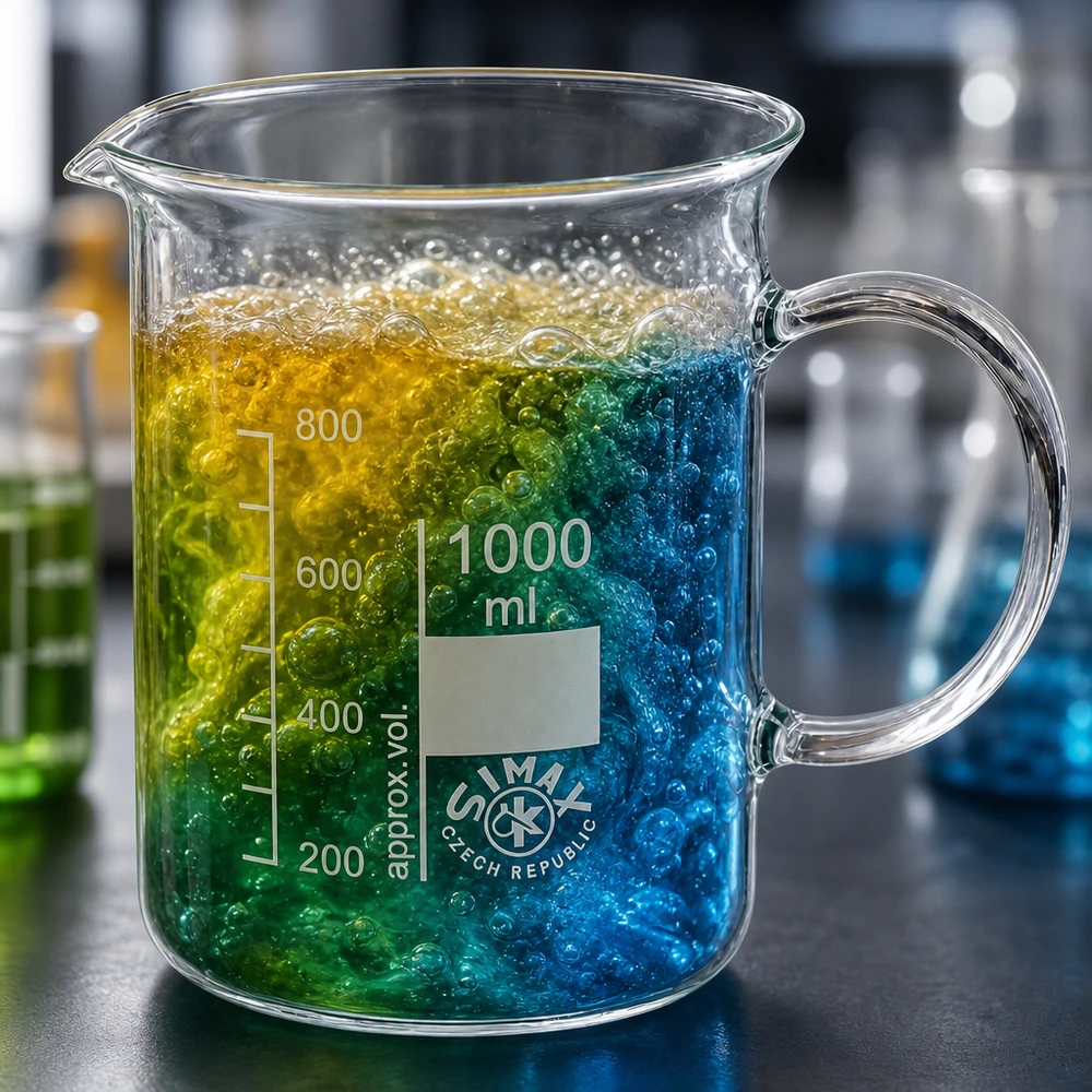 Simax Becherglas 1000ml mit Ausgussschnabel Henkel und lebhaft sprudelndem Flüssigkeitsgemisch