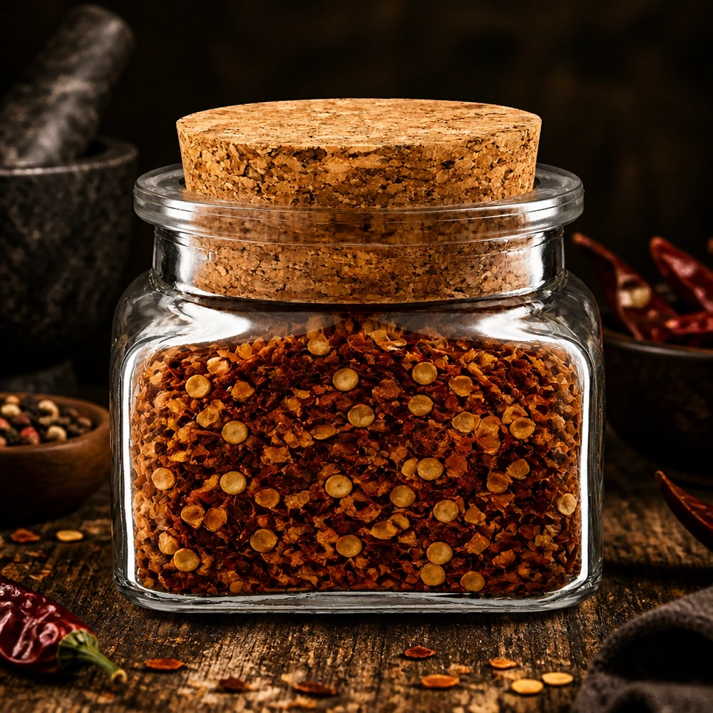 Quadratisches Glasgefäß 120ml mit Naturkorkverschluss gefüllt mit Chiliflocken Produktfoto