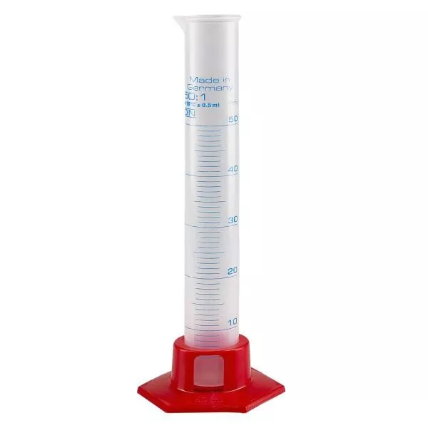 50ml Messzylinder Polypropylen, graduiert mit rotem Fuss