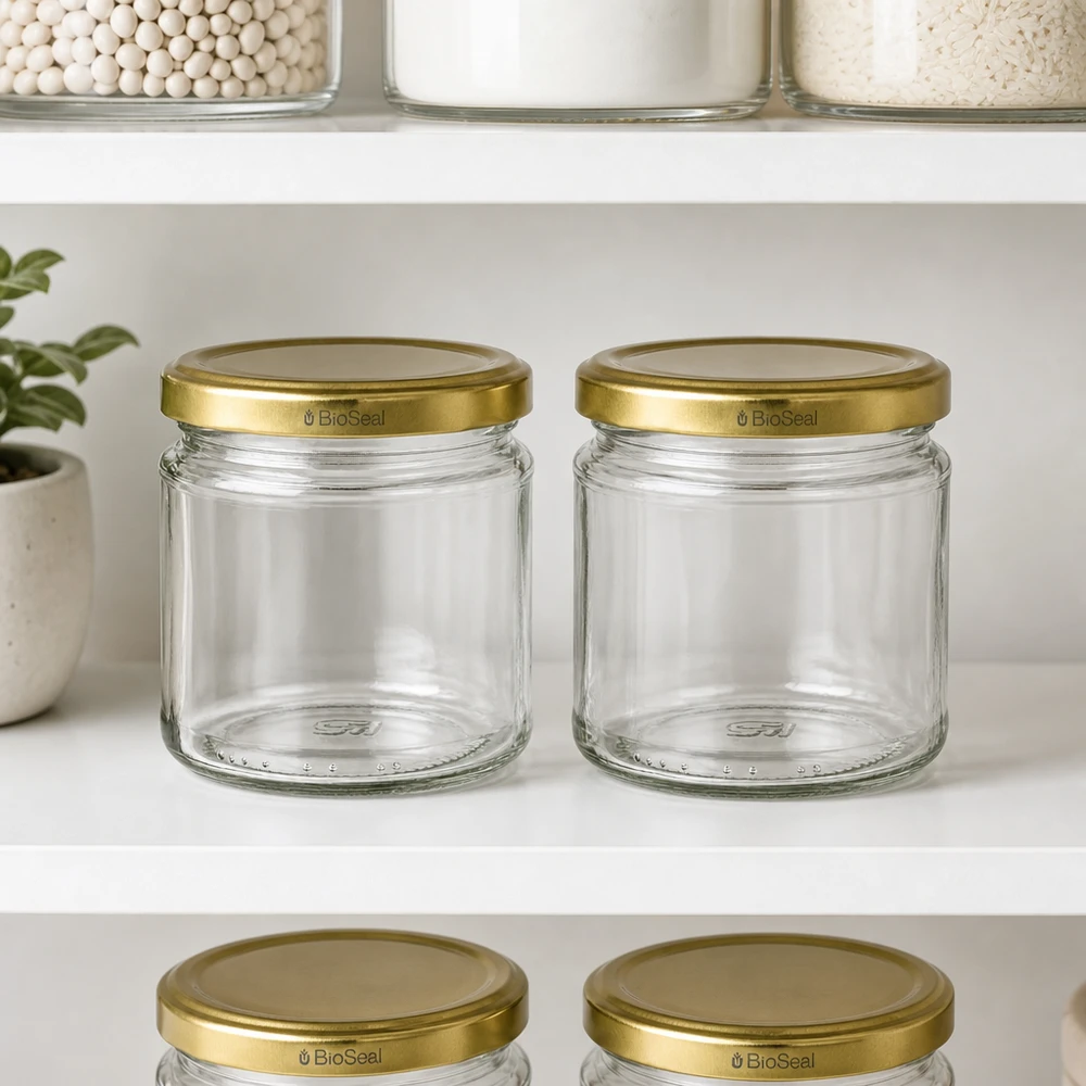 212ml Rundglas mit BioSeal Deckel gold UNiTWIST UNiTWIST Rundglas 212ml mit goldenem TO66 BioSeal Deckel im Vorratsschrank zur organisierten Küchenaufbewahrung