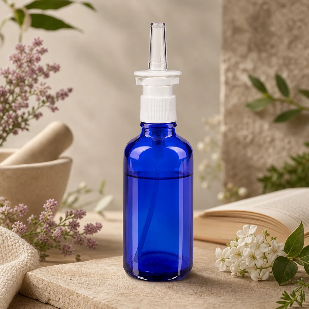 Apotheken-Nasenspray-Behälter 50ml aus blauem Borosilikatglas mit weißem Dosierspender