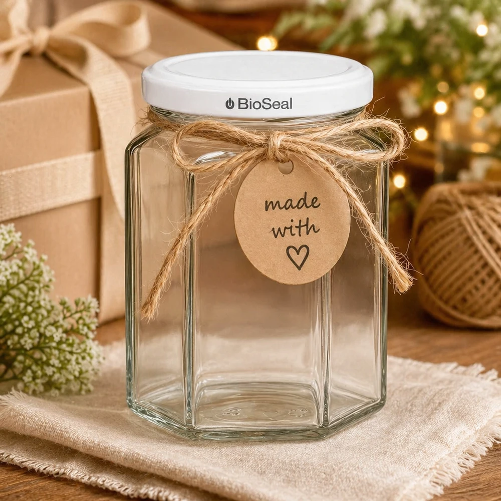 288ml Hexaglas mit BioSeal Deckel weiß UNiTWIST UNiTWIST Hexa288 Einmachglas leer mit weißem TO63 BioSeal Deckel und Geschenkanhänger für DIY Geschenke
