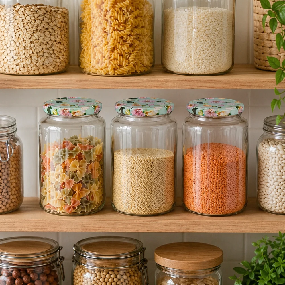Pantry-Organisation mit 795ml Rundgläsern mint Blumen-Deckel, gefüllt mit Pasta, Linsen und Getreide im Vorratsschrank