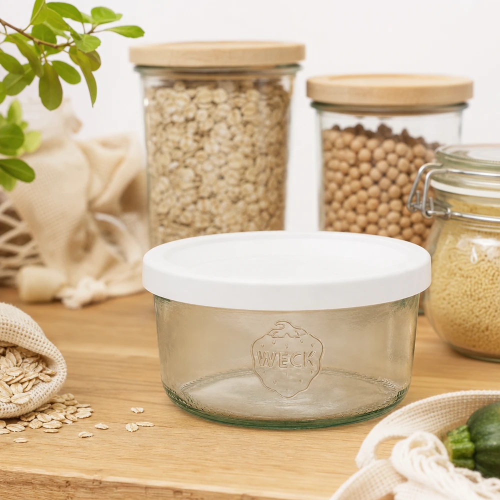 WECK 165ml Sturzglas RR80 leer in nachhaltiger Zero-Waste Küche mit Vorratsgläsern und Stoffbeuteln aus Holz