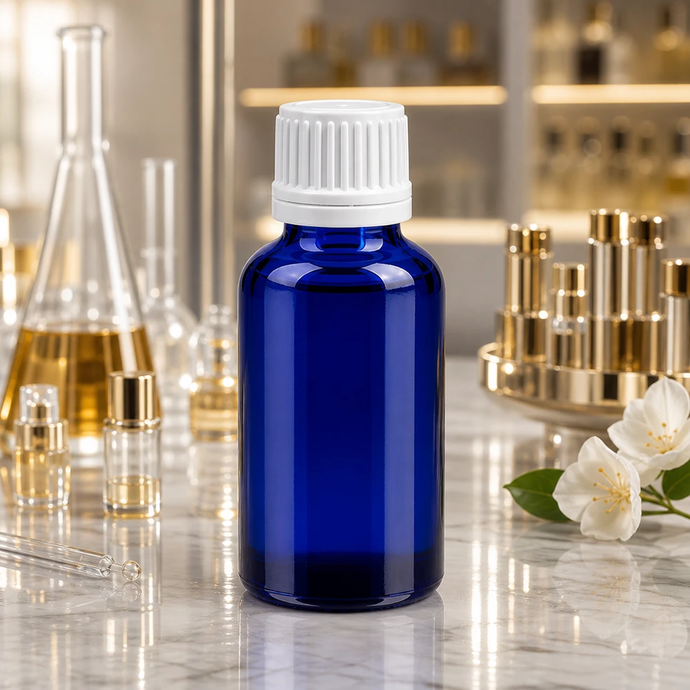 30ml Flasche 11mm Schraubverschluss weiß Originalitätsverschluss BlueLine UT18/30 30ml BlueLine Glasflasche mit präzisem 11mm Gewinde für industrielle und private Nutzung