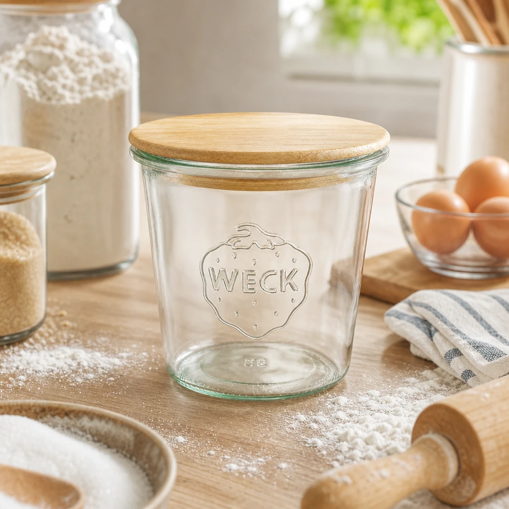 WECK Sturzglas 580ml leer mit Holzdeckel in Küche auf Mehl bestäubtem Holztisch zwischen Backzubehör und Eiern