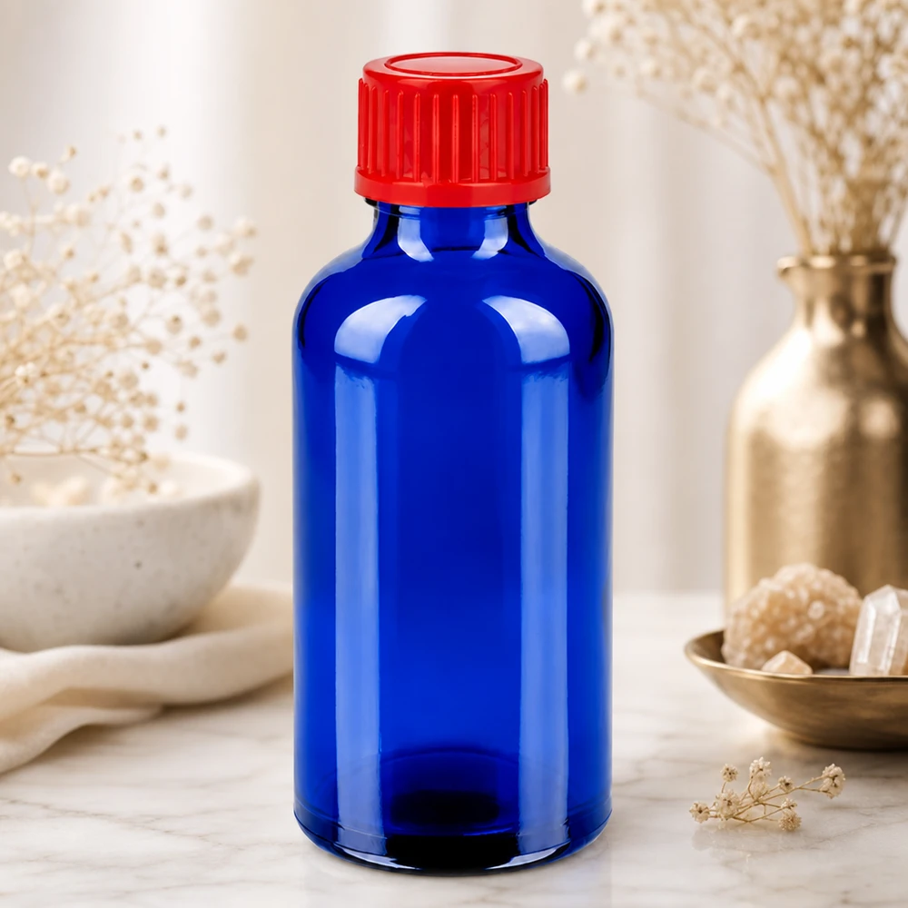 Chemikalienflasche 50ml BlueLine mit säurebeständigem Glas und rotem Sicherheitsverschluss
