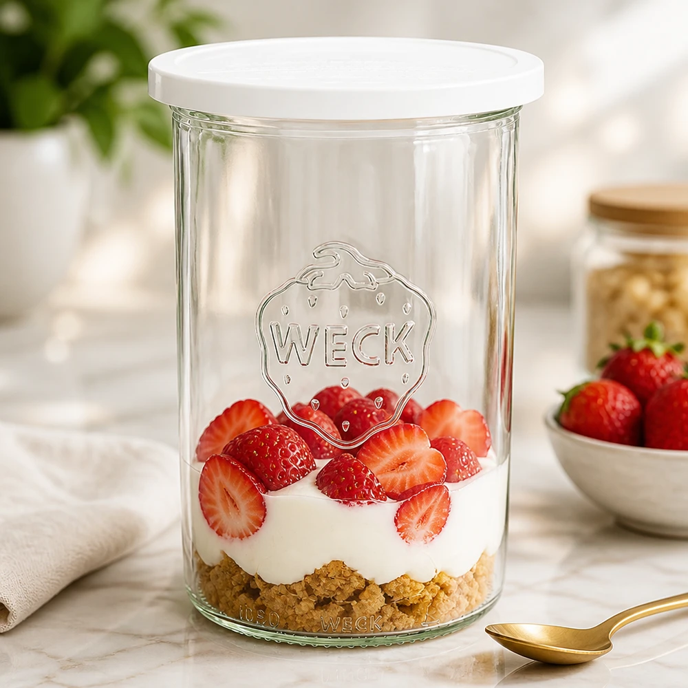 1000ml Sturzglas mit Frischedeckel WECK RR100 WECK Sturzglas 1000ml als Dessertglas mit Erdbeeren und Sahne gefüllt zeigt vielseitige Verwendung des RR100 Einmachglas