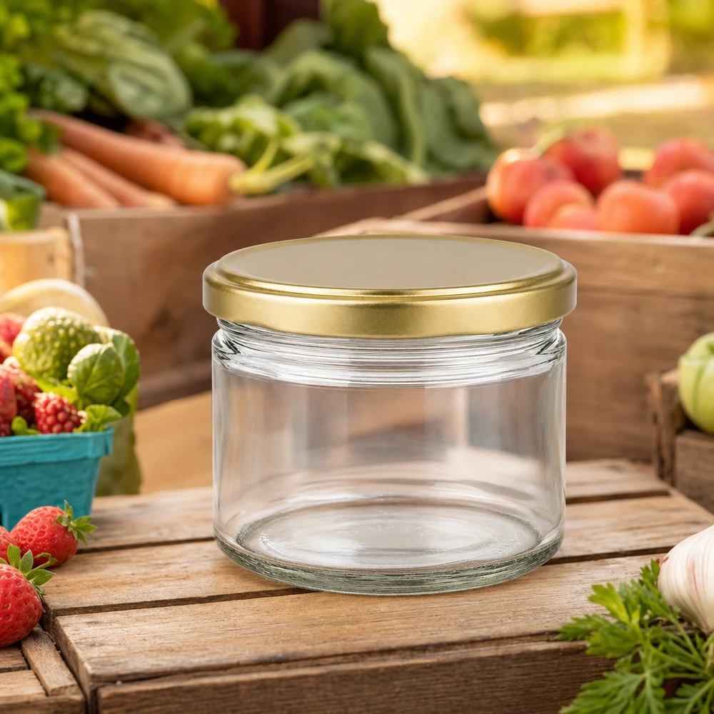 700g Honigglas BasicSeal leer mit goldenem Deckel auf Holzbrett umgeben von frischem Obst und Gemüse vom Markt