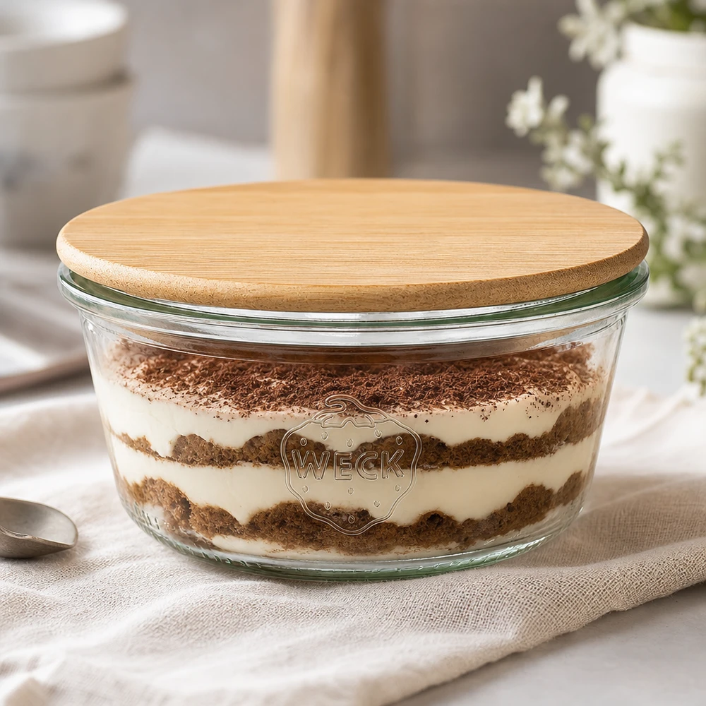 290ml Sturzglas niedrig WECK RR100 mit Holzdeckel WECK Sturzglas 290ml RR100 mit Tiramisu gefüllt und Bambus-Holzdeckel, Dessertglas in eleganter Küchenszenerie