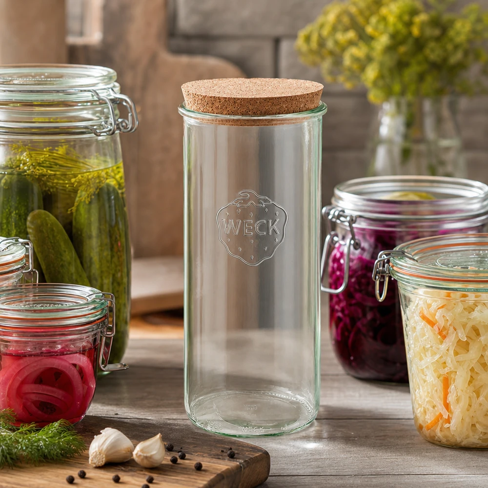 1500ml Sturzglas WECK RR100 mit Korken natur WECK Sturzglas 1500ml RR100 Küchenszene mit eingelegten Gurken Sauerkraut roten Zwiebeln Korken Deckel Einmachen