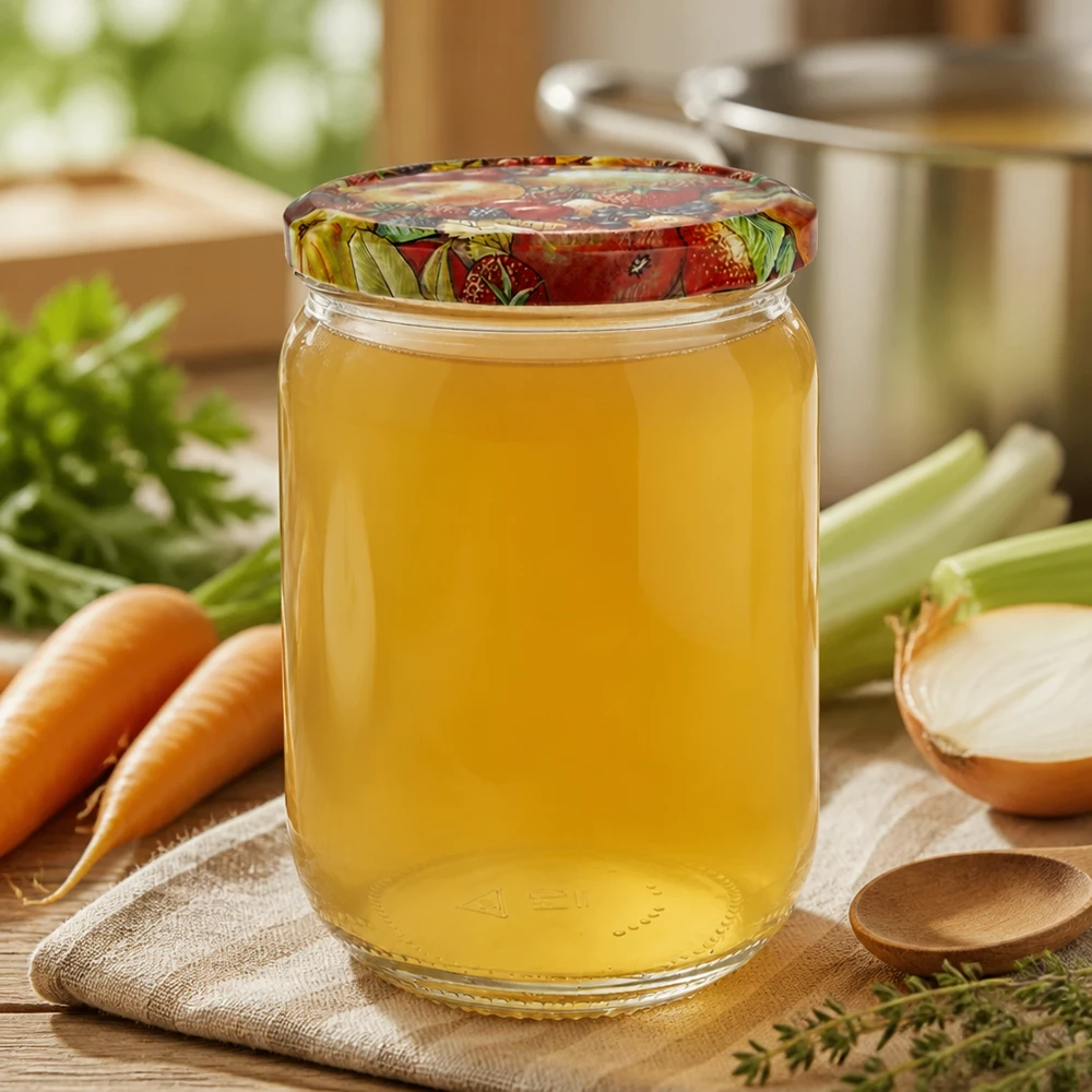 555ml Vorratsglas UNiTWIST BasicSeal Obstdekor Deckel mit Brühe neben Suppentopf und Holzlöffel