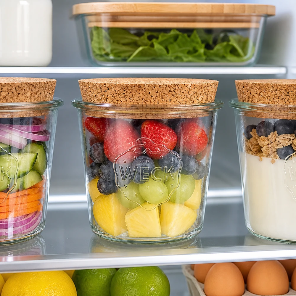 WECK Sturzglas 580ml RR100 Korkdeckel im Kühlschrank mit frischen Früchten Beeren und Meal Prep Organisation