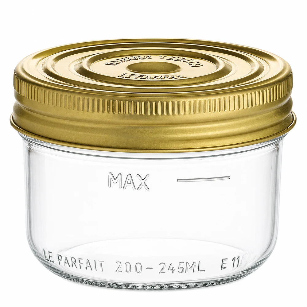 245ml Sturzglas "Familia Wiss" 2-teiliges Deckelsystem Le Pa 245ml Sturzglas Familia Wiss mit goldenem Schraubdeckel und Max-Füllstandsmarkierung für Einmachen und Konservieren