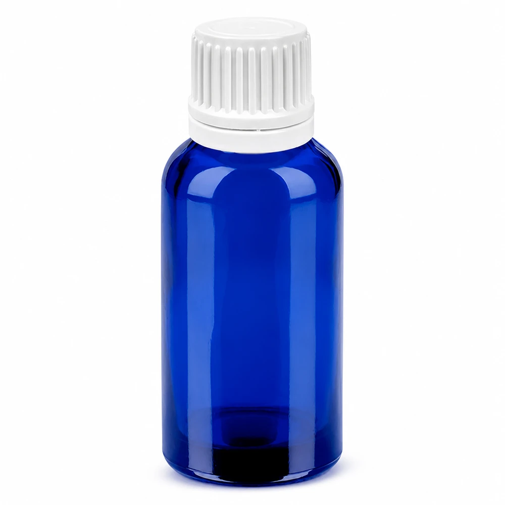 30ml Tropfflasche 0.7mm weiß Originalitätsverschluss BlueLine UT18/30 Blaue 30ml Glasflasche mit weißem Tropfverschluss OV BlueLine Serie