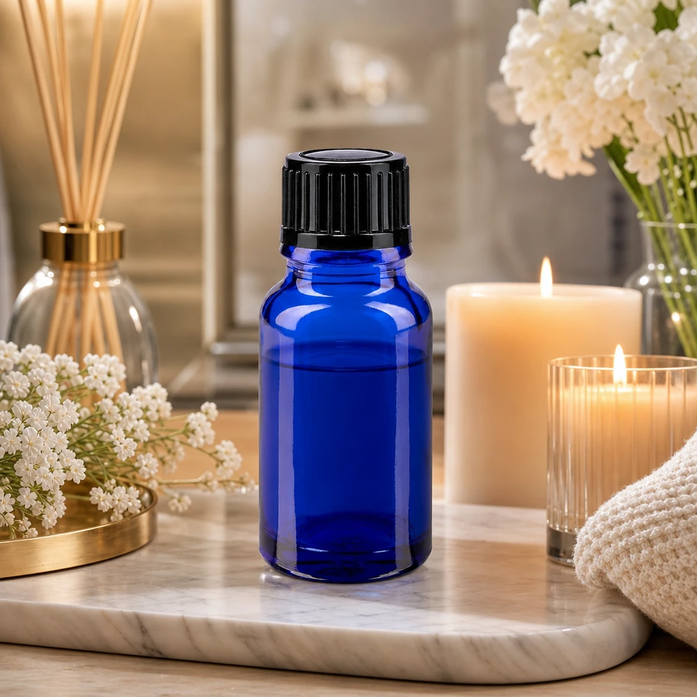 Apothekenflasche blau 10ml Tropfverschluss 1mm schwarz Standard Blaue Miniaturflasche aus Apothekerglas 10ml mit dosierpräzisem Tropfverschluss