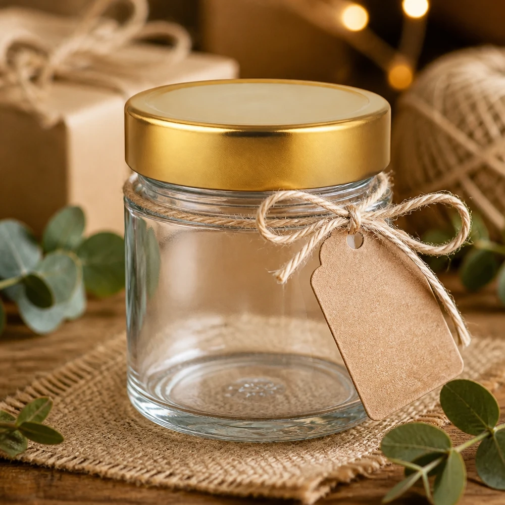 135ml Rundglas 24er-Set mit Deckel (Deckelfarbe: gold) – UNiTWIST Transparentes Rundglas 135ml Golddeckel auf Jute-Untersetzer mit Eukalyptus-Deko
