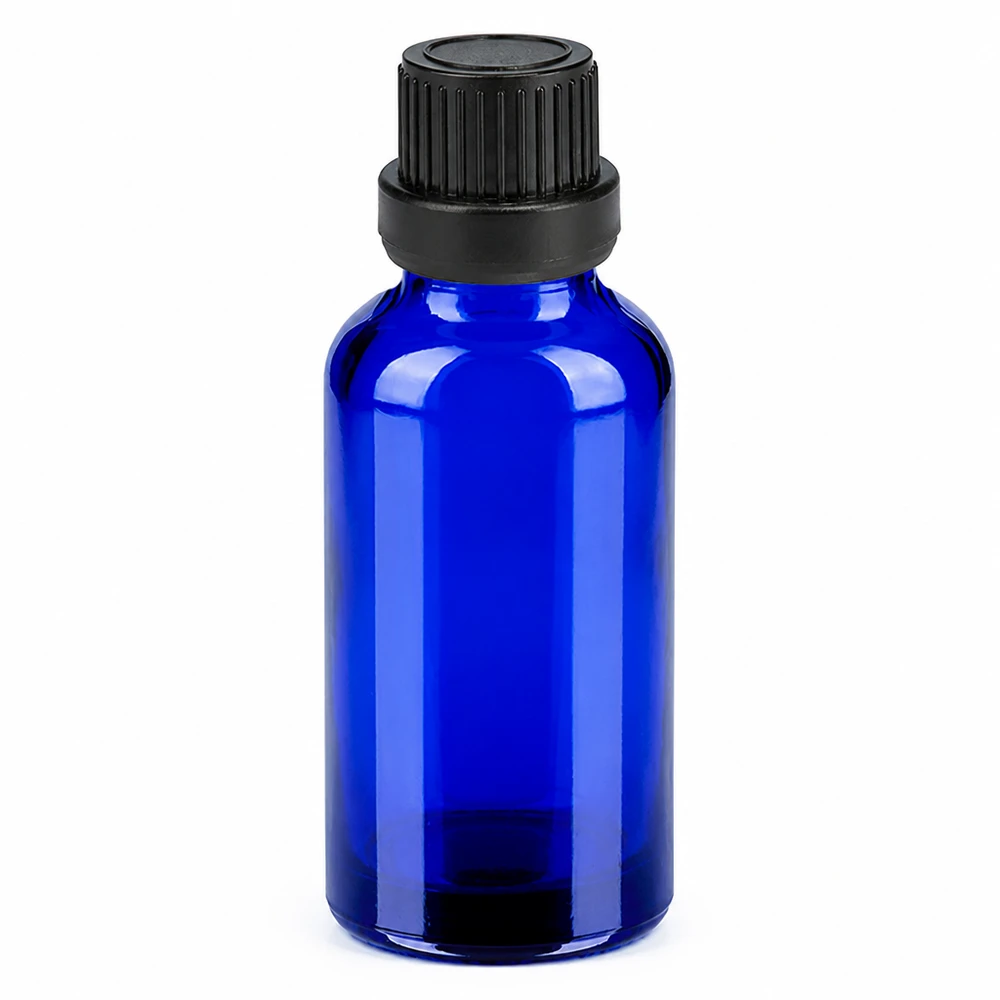 30ml Flasche 11mm Schraubverschluss schwarz Originalitätsverschluss BlueLine UT18/30 30ml BlueLine Glasflasche mit schwarzem Schraubverschluss für flüssige Präparate