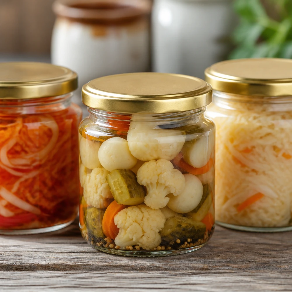 212ml Rundglas UNiTWIST mit goldenem Deckel voller eingelegtem Gemüse - Blumenkohl Gurken Karotten fermentiert