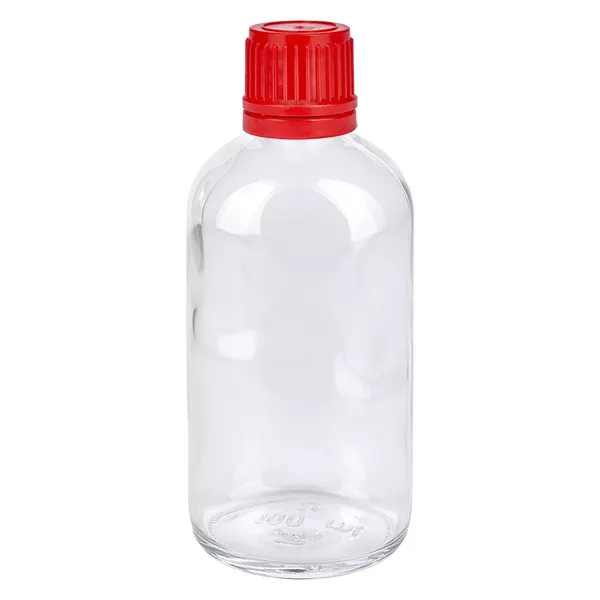 Durchsichtige 100ml Flasche mit engem 11mm Hals und rotem Schraubverschluss OV