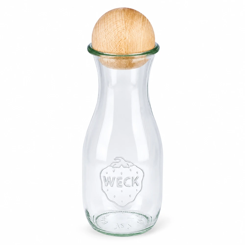 530ml Saftflasche WECK RR60 mit Holzkugel Buche 530ml WECK Saftflasche RR60 aus Glas mit Holzkugel Buche Verschluss transparente Glasflasche mit WECK Logo