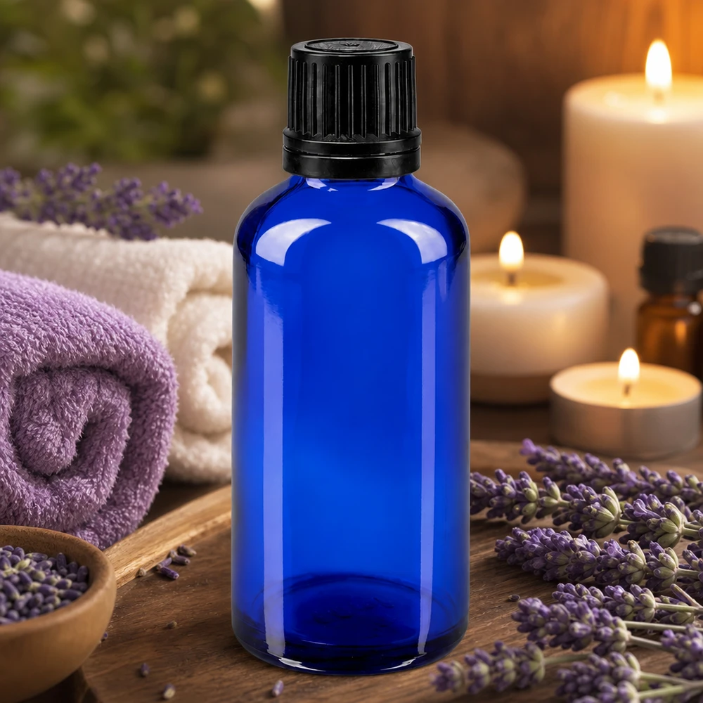 Apothekenflasche blau 50ml Schraubverschluss schwarz Giessring Originalitätsverschluss 50ml blaue Medizinflasche aus Apothekerglas mit Originalverschluss für Naturkosmetik