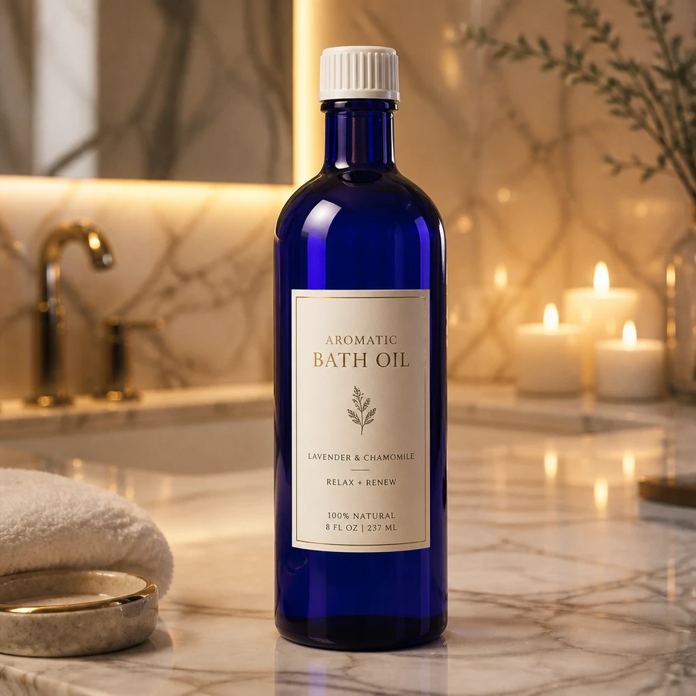 Apothekenflasche blau 200ml Schraubverschluss weiß Standard Schlanke blaue Glasflasche 200ml weißer Verschluss luxuriöse Wellnesspräsentation