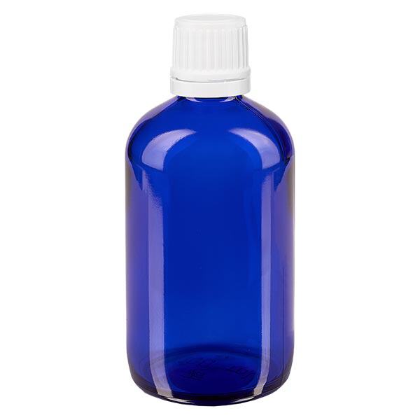 Apothekenflasche blau 100ml Tropfverschluss 1.2mm weiß Originalitätsverschluss Apothekenflasche blau 100ml Tropfverschluss 1.2mm weiß Originalitätsverschluss