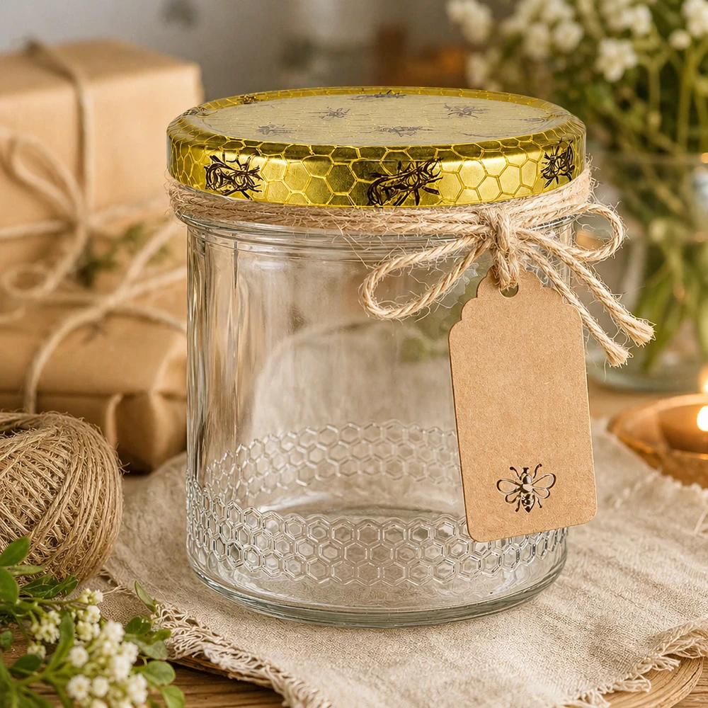 560g Honigglas + BasicSeal Deckel Bienenwabe UNiTWIST 400ml Honigglas dekorativ mit Bastschnur und Anhänger, goldener Bienenmuster-Deckel, rustikale Geschenkverpackung