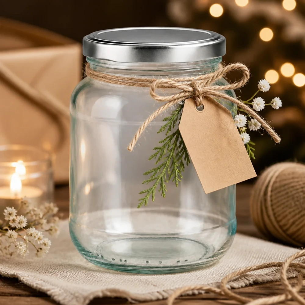 370ml Ovalglas mit silbernem BasicSeal Deckel als Geschenkidee mit Juteschnur und Geschenkanhänger dekoriert