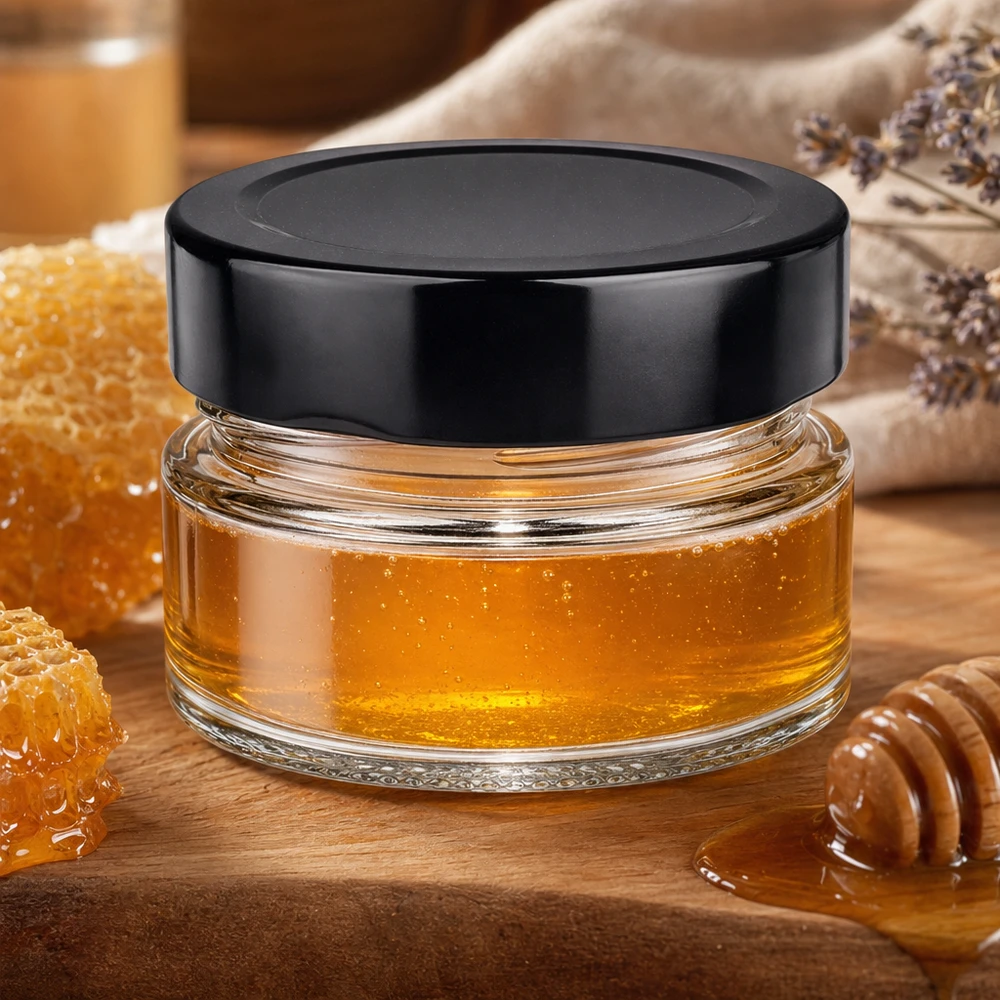 80ml Rundglas mit schwarzem BasicSeal Deckel gefüllt mit Honig Bienenwaben Holzlöffel natürliche Küchenszene